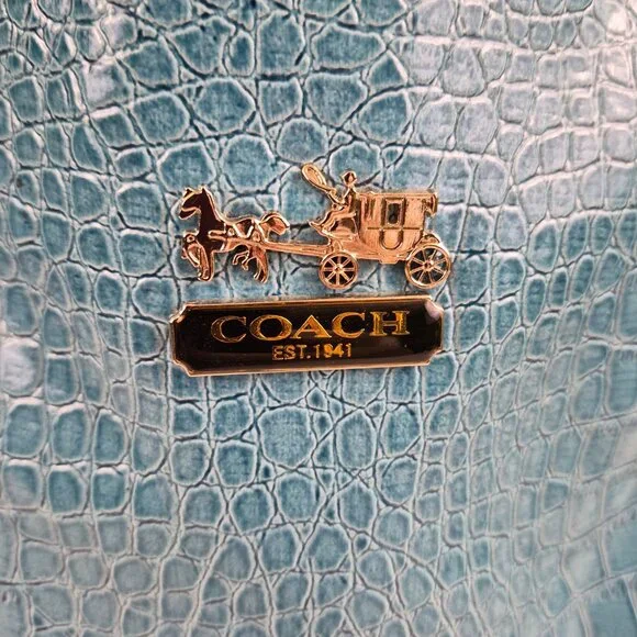 Coach Croc Embossed Leather Tote Teal Blue Shoulder Bag New Style 5659